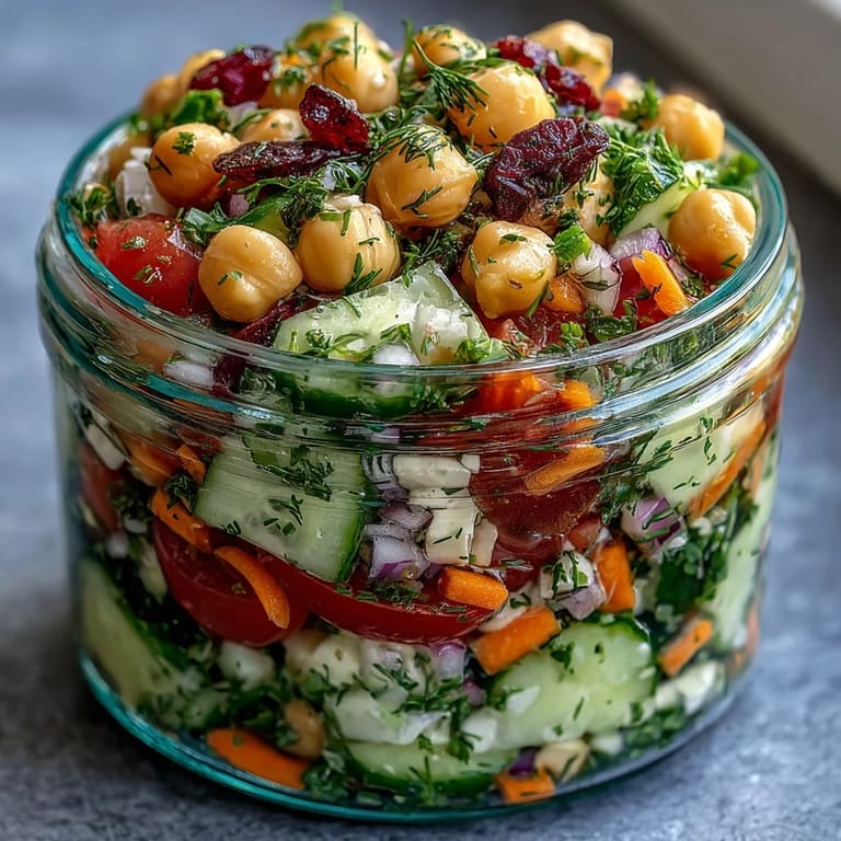 Protein-packed chickpea and cucumber salad jars layered with citrus dressing and bright herbs for easy meal prep.  