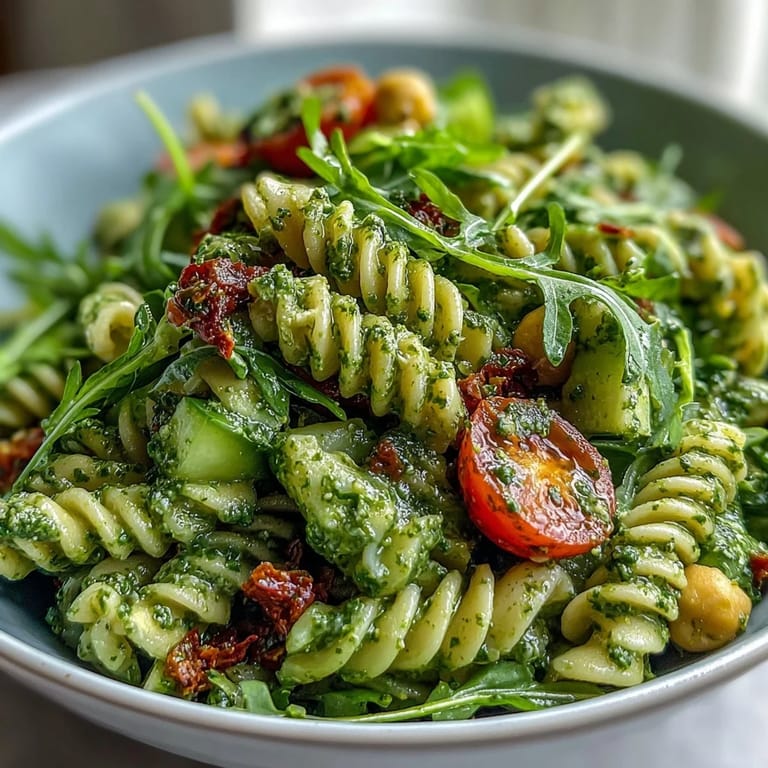 A colorful vegan pasta salad featuring fusilli, arugula, chickpeas, and a dairy-free creamy pesto, ideal for meal prep.