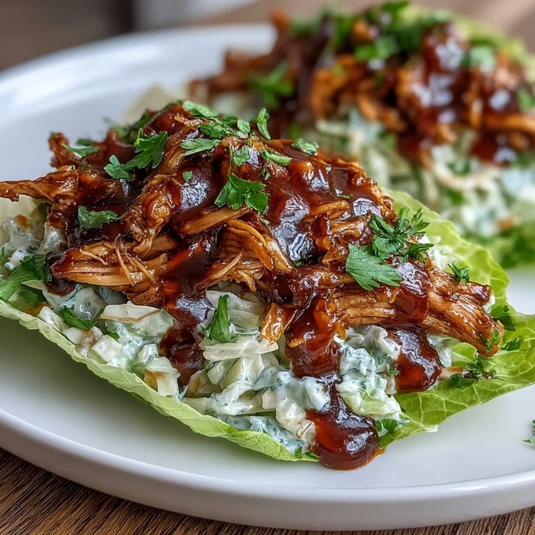 Tender jackfruit simmered in tangy BBQ sauce, nestled in fresh lettuce and finished with a creamy, crunchy slaw for a satisfying vegan dish.