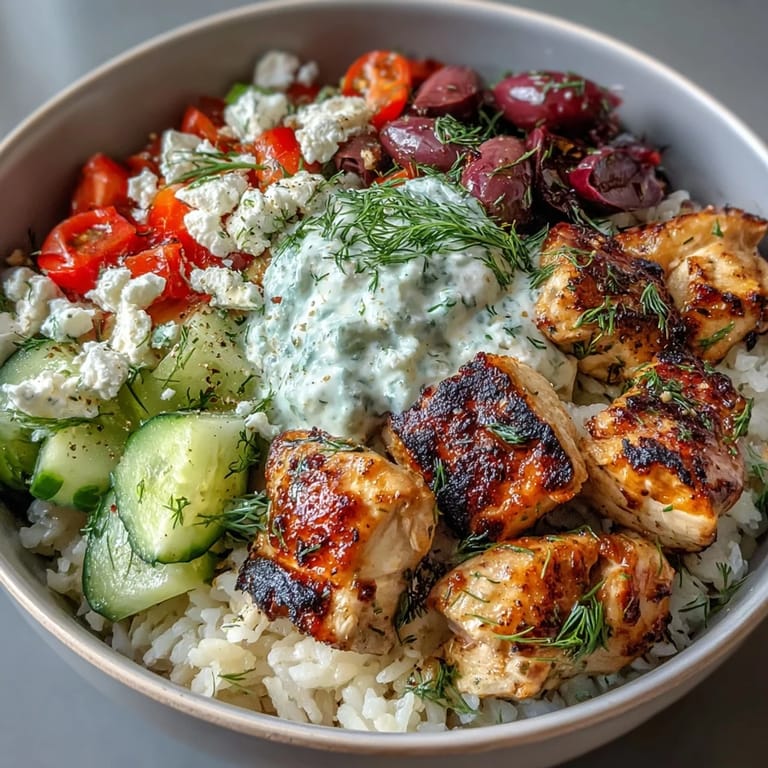 Colorful Mediterranean chicken souvlaki bowl topped with grilled chicken, diced veggies, fluffy rice, and homemade tzatziki.  