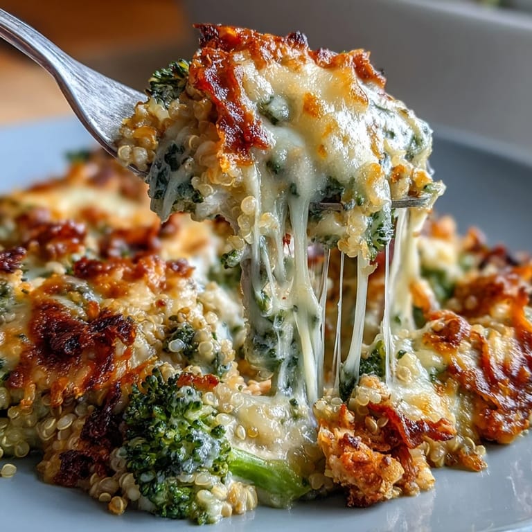 Creamy and hearty broccoli quinoa casserole featuring fluffy quinoa, shredded chicken, and a cheesy topping for a satisfying gluten-free meal.