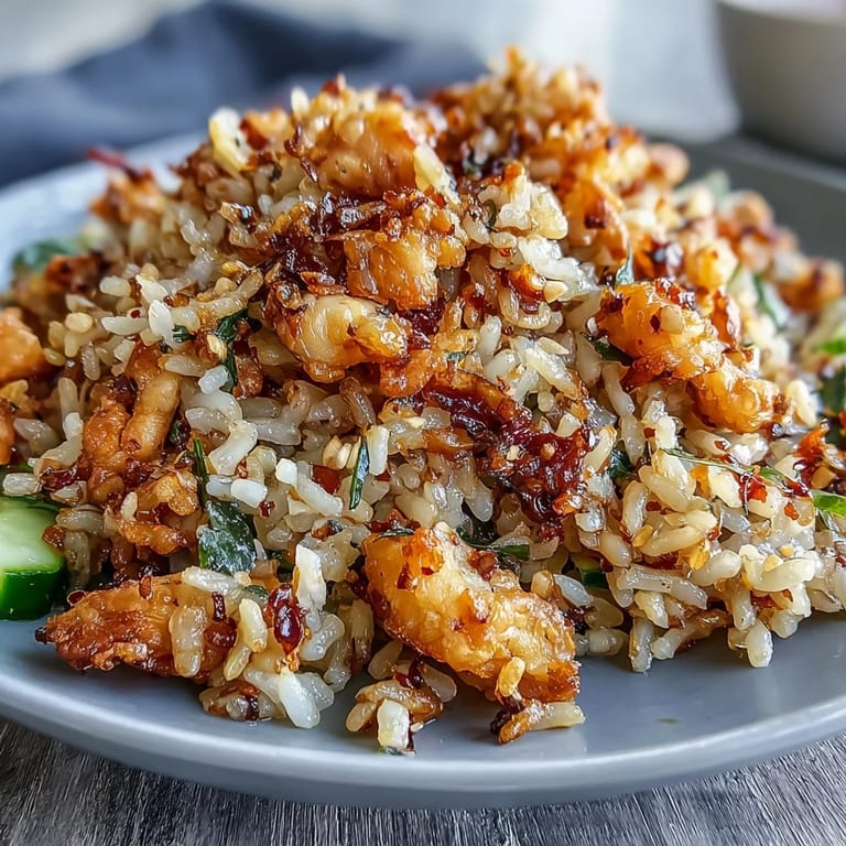 Colorful crispy rice salad tossed with bell peppers, cucumber, and a creamy peanut dressing, topped with toasted sesame seeds.