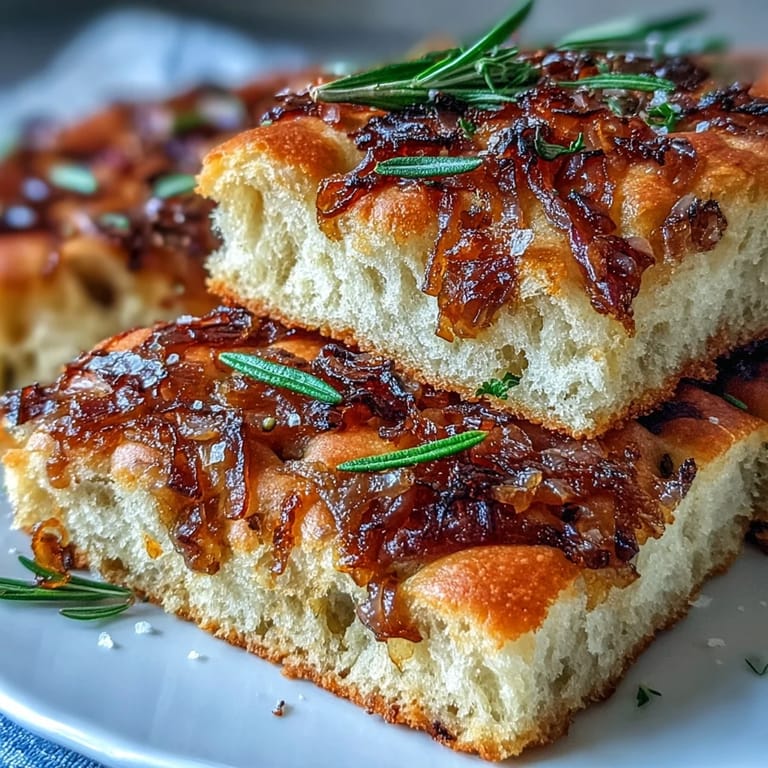 Soft and airy sourdough focaccia bread baked with golden onions and a touch of rosemary, fresh from the oven.