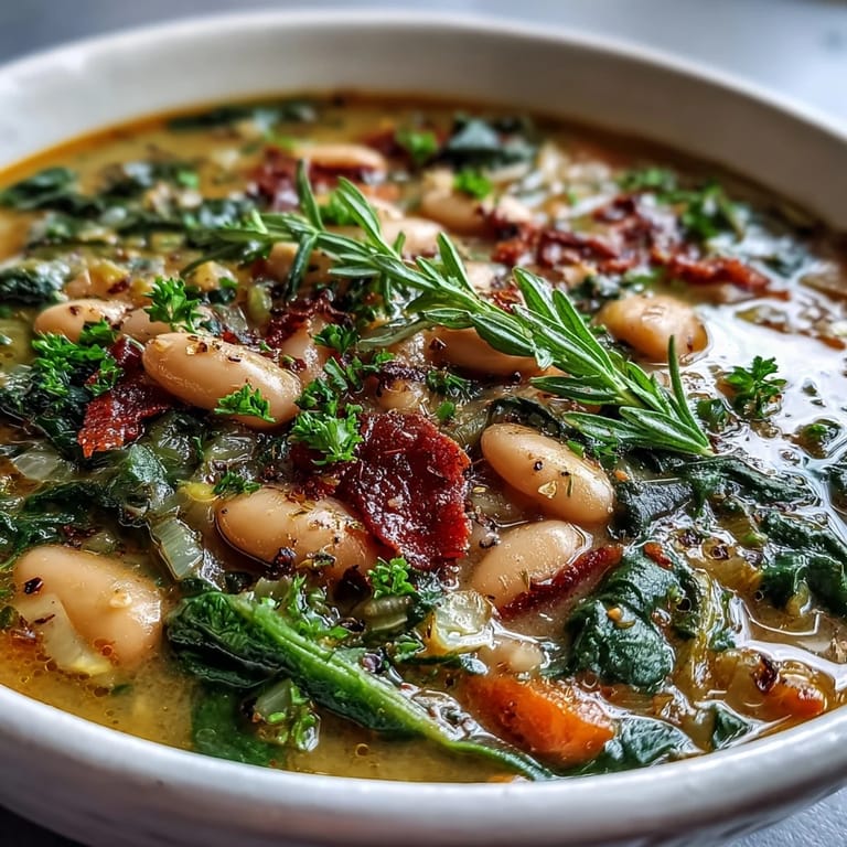 Creamy white bean and spinach soup with aromatic herbs, served in a rustic bowl with a lemon wedge.  