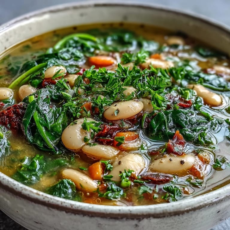 Hearty Tuscan soup featuring tender white beans, vibrant spinach, and savory broth in a cozy, inviting presentation.