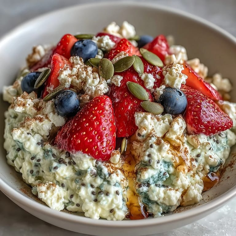 Wholesome cottage cheese breakfast featuring colorful berries, flaxseeds, and almonds drizzled with honey for natural sweetness.