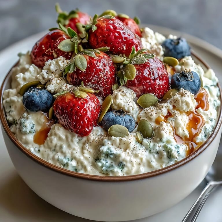 Protein-packed cottage cheese bowl with fresh strawberries, blueberries, and a medley of chia and pumpkin seeds.  