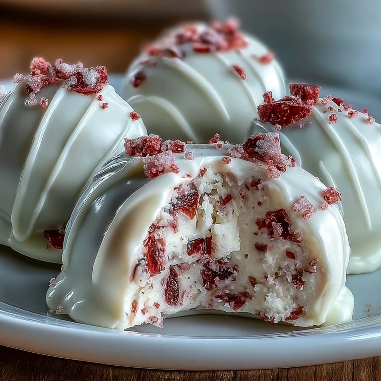 Creamy strawberry truffle centers enrobed in smooth white chocolate, decorated with festive red and pink sprinkles for a special occasion treat.