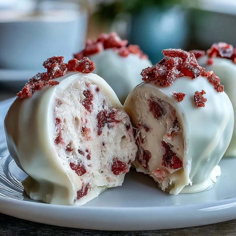 Hand-rolled strawberry and white chocolate truffles arranged on parchment paper, ready to chill before serving at your next celebration.