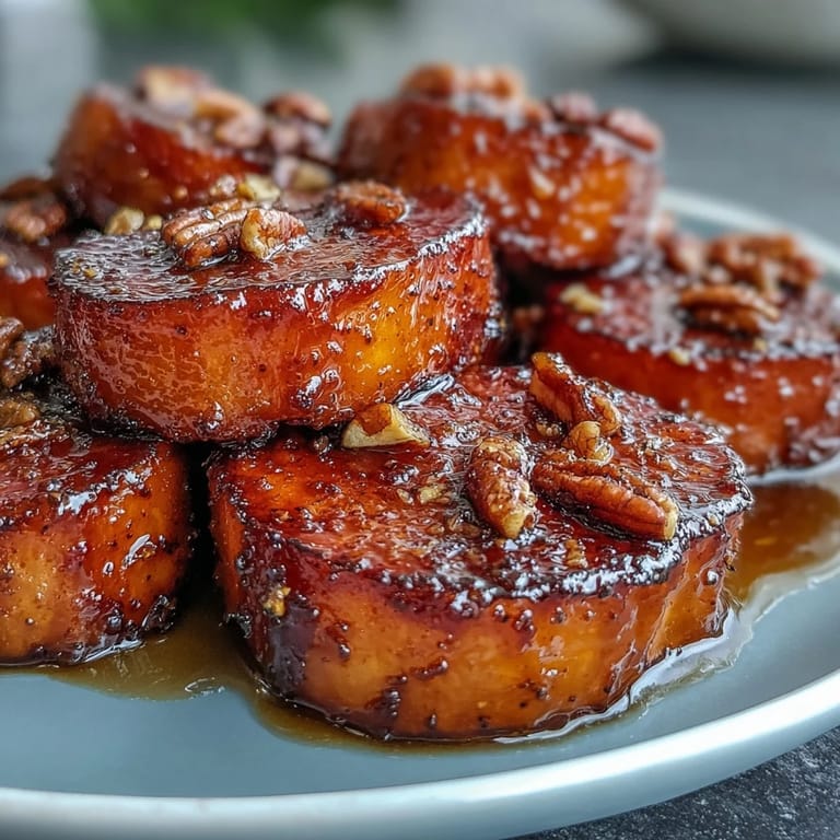 Glazed candied yams with bourbon, maple syrup, and warm spices, garnished with pecans for a festive side dish.