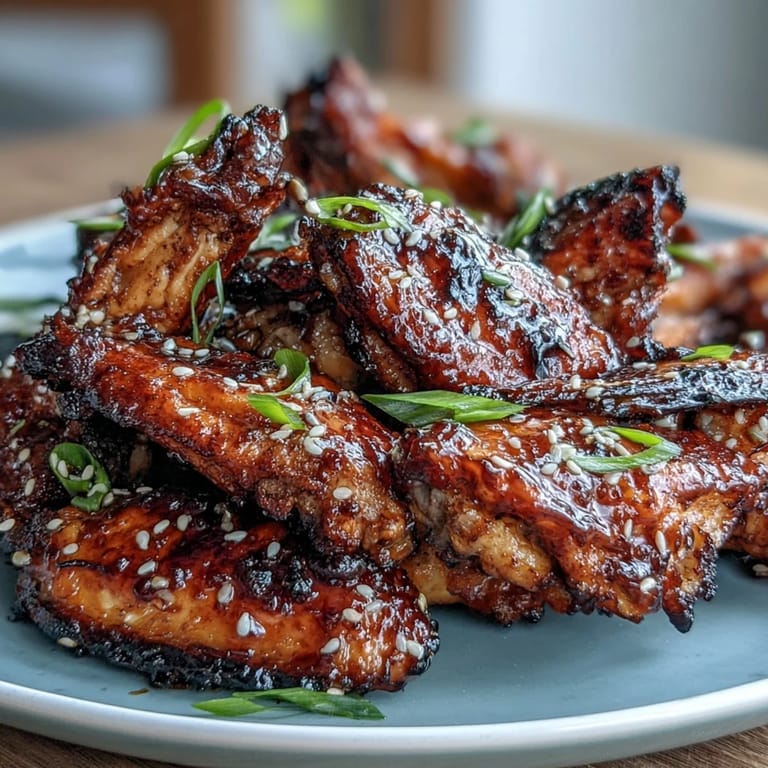 Tender air fryer wings tossed in a rich honey garlic sauce with soy and ginger, finished with toasted sesame seeds for crunch.