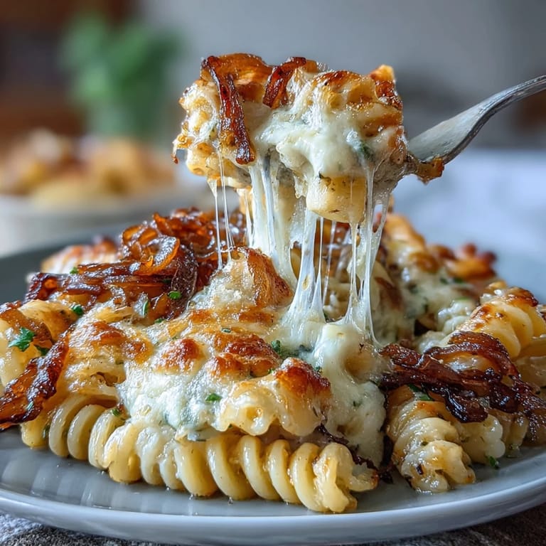 Cheesy baked pasta dish featuring sweet caramelized onions and a savory Gruyère crust.