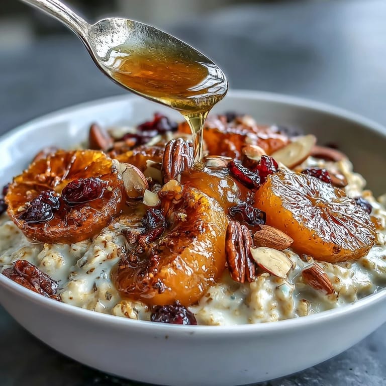 Creamy oatmeal with sweet candied orange slices, chewy dried cranberries, and nutty toasted almonds—a nourishing and flavorful morning meal.