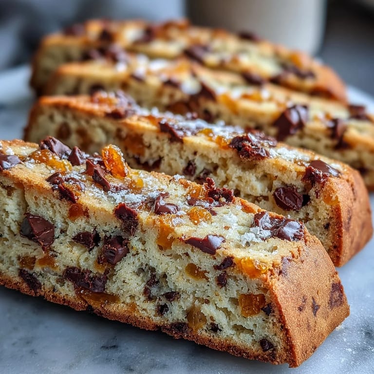 Elegant biscotti with a crisp texture, featuring vibrant candied orange peel and decadent dark chocolate, ideal for gifting or enjoying with espresso.