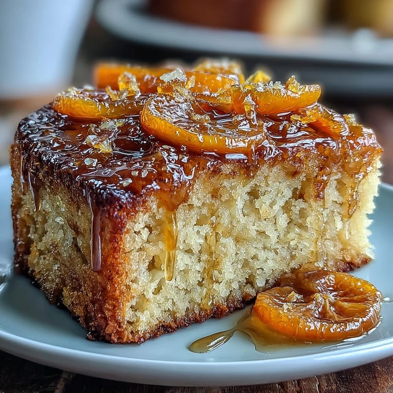 A slice of fragrant olive oil cake with almond flour, featuring sweet candied oranges and a dusting of powdered sugar.