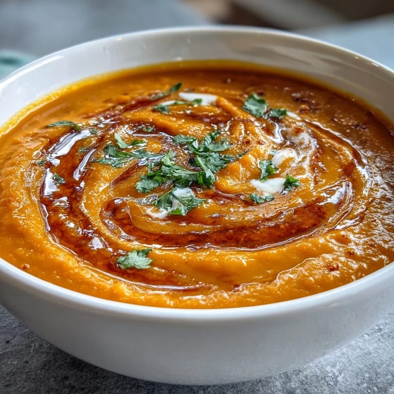 Silky carrot and orange soup with ginger and coconut milk, served with a swirl of coconut milk and vibrant orange garnish.