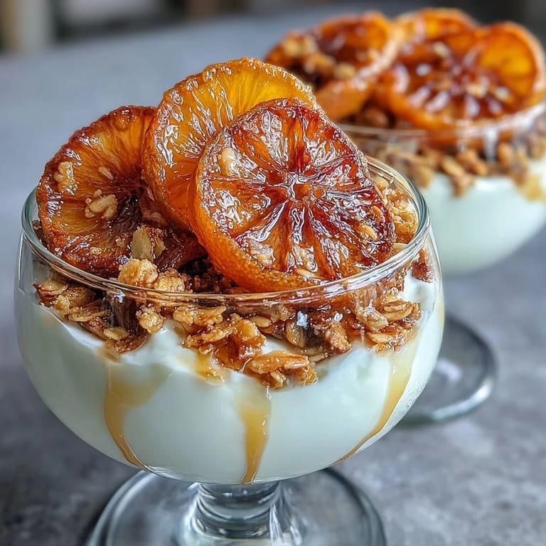 Bright, refreshing parfait featuring candied orange slices, crunchy granola, and smooth vanilla yogurt—perfect breakfast or dessert.