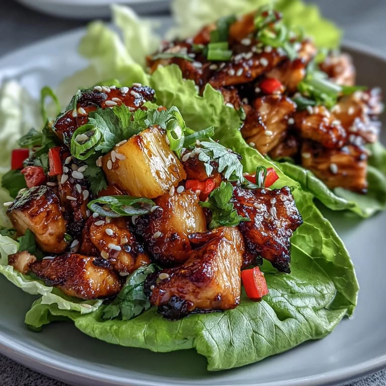 Homemade teriyaki glazed chicken and sweet pineapple served in lettuce cups with sesame seeds and lime wedges.