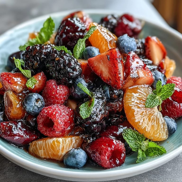 Refreshing citrus and berry salad tossed with fresh mint, drizzled with honey-lime dressing for a vibrant, healthy treat.  