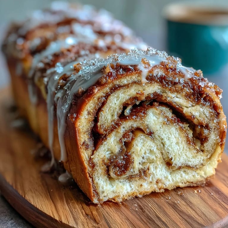 Golden-brown King Cake Cinnamon Babka twisted with spiced brown sugar and creamy filling, decorated with purple, green, and gold sanding sugars.
