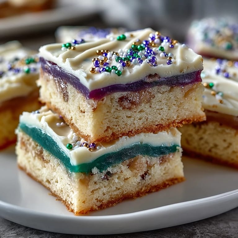Vibrant King Cake Sugar Cookie Bars decorated with purple, green, and gold sprinkles for celebrations.