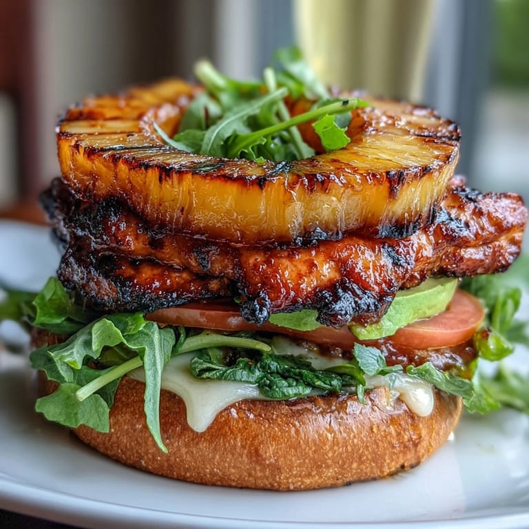 Caramelized pineapple and smoky grilled chicken layered with fresh veggies for a vibrant, gluten-free burger stack.  