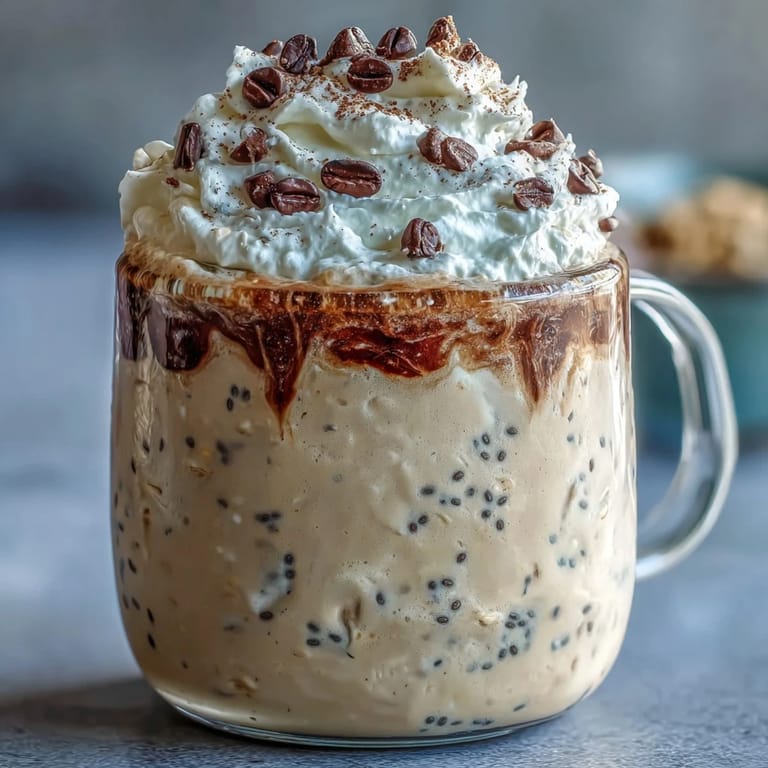 Rich vanilla and coffee-infused overnight oats layered with creamy Greek yogurt and chia seeds.  