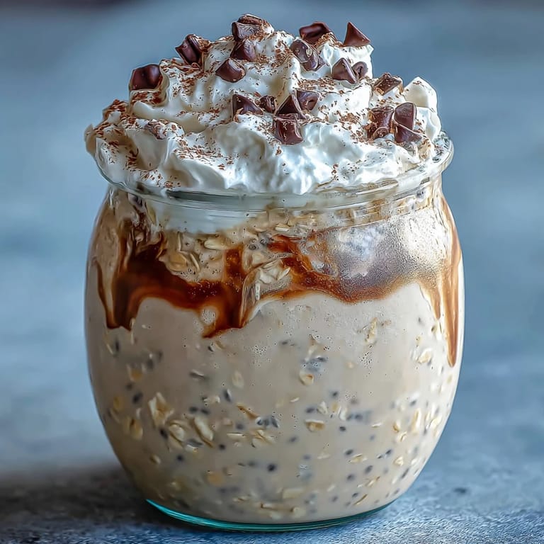 Cold vanilla bean frappuccino overnight oat jar topped with whipped cream and mini chocolate chips.