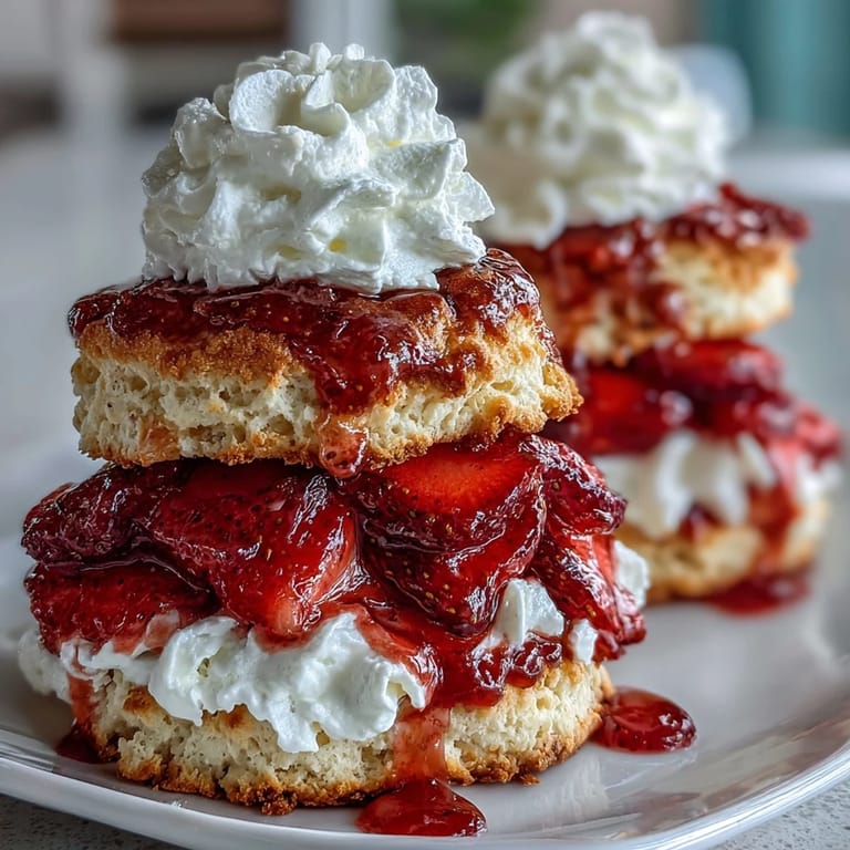 Golden biscuit shortcakes layered with sweet strawberries and fluffy whipped cream, an iconic American dessert for any occasion.