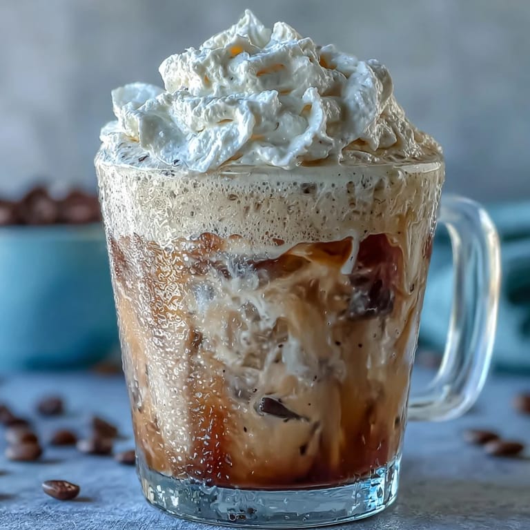 Creamy iced vanilla bean frappuccino topped with luscious coconut whipped cream, served in a tall glass with visible vanilla specks throughout the drink.