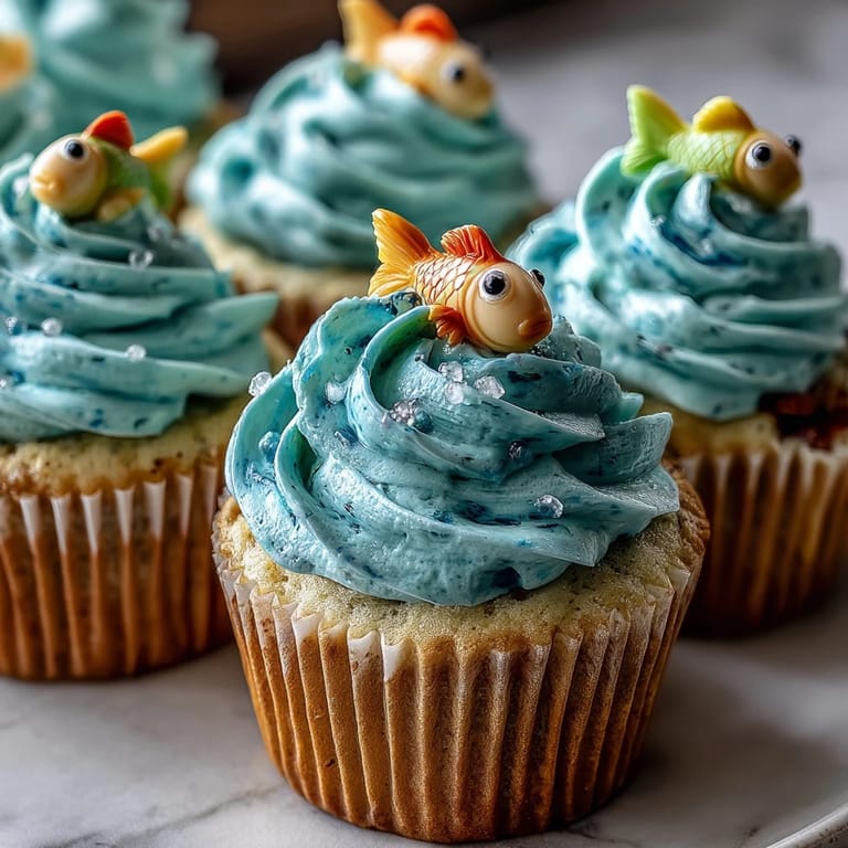 Charming blue buttercream-frosted cupcakes adorned with handmade fondant fish, adding a playful touch to any dessert table.  