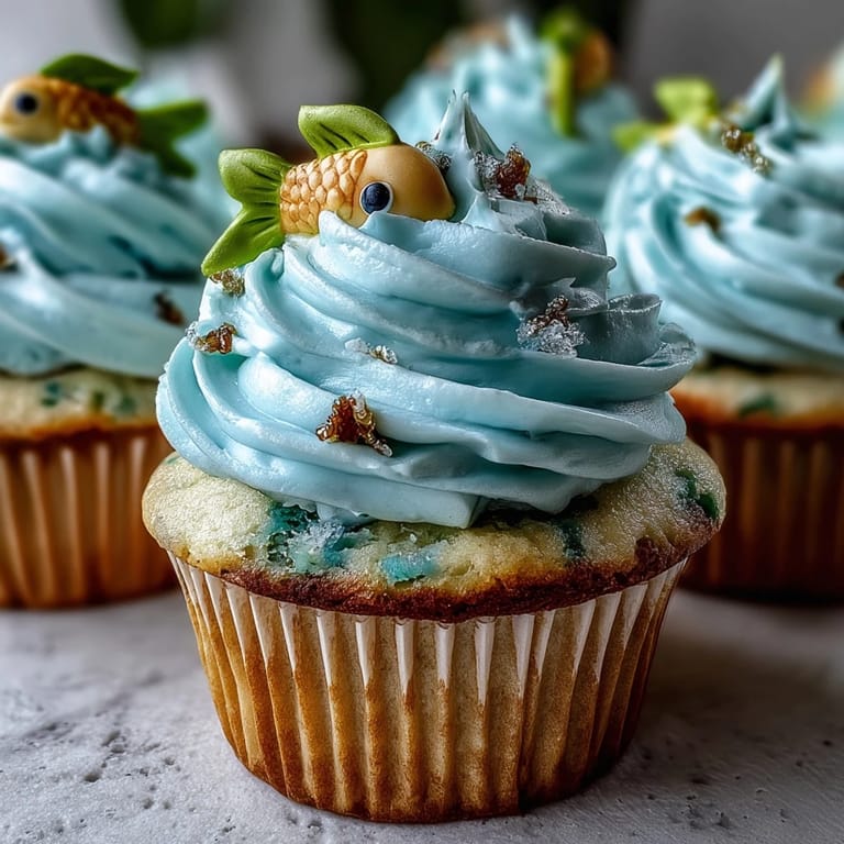 Adorable Pisces-inspired cupcakes featuring vanilla cake, ocean-blue frosting, and cute fondant fish decorations for festive occasions.