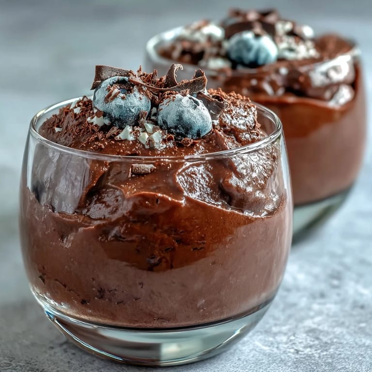 Velvety chocolate mousse made with cottage cheese, topped with fresh berries and shaved dark chocolate.