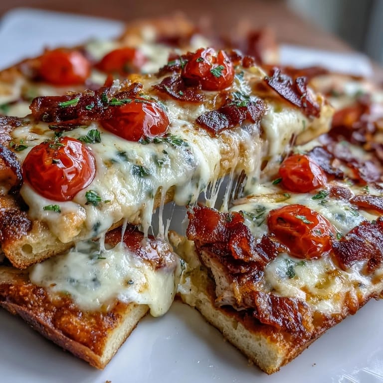 Golden flatbread pizza topped with Mornay sauce, turkey, bacon, cherry tomatoes, and melted mozzarella—perfect for Derby Day.