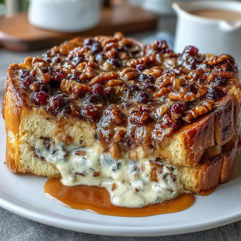 Baked blueberry French toast casserole featuring fluffy brioche, bursts of fresh blueberries, and a buttery cinnamon streusel topping.  
