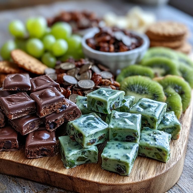 Eye-catching charcuterie spread filled with green gummy candies, mint chocolate, and shamrock cookies, perfect for St. Patricks Day parties.