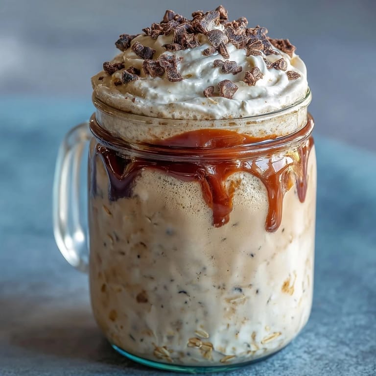 Creamy vanilla bean overnight oats with coffee drizzle, perfect for a chilled breakfast treat.  