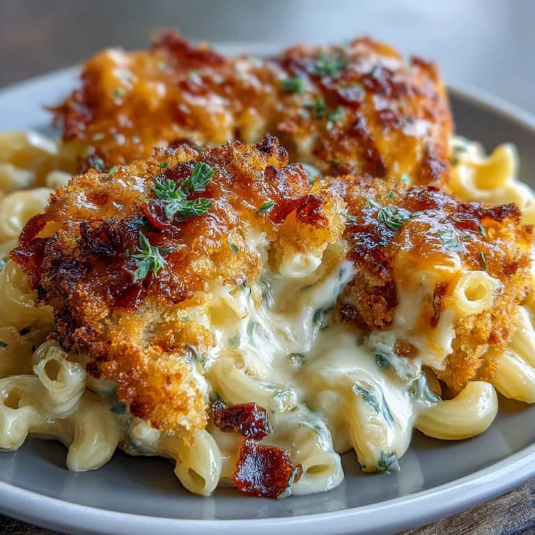 Southern oven-baked macaroni and cheese with a rich, cheesy sauce, topped with melted cheddar and a crunchy panko crust.