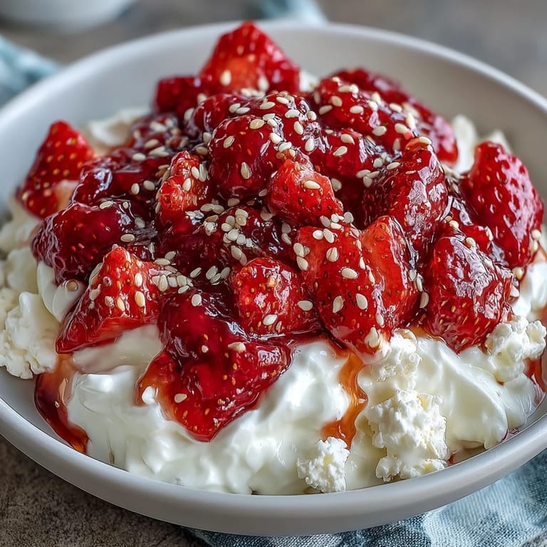 Creamy Greek yogurt layered with sweet-tart strawberry compote, finished with a hint of honey and mint.