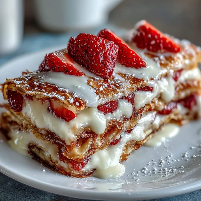 Elegant strawberry crepe cake with silky vanilla mascarpone cream, fresh fruit, and a dusting of powdered sugar for a stunning dessert.  