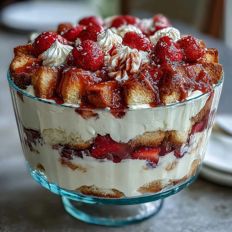 Elegant Mothers Day dessert trifle featuring cubes of buttery shortcake, macerated strawberries, and vanilla whipped cream in clear glass layers.