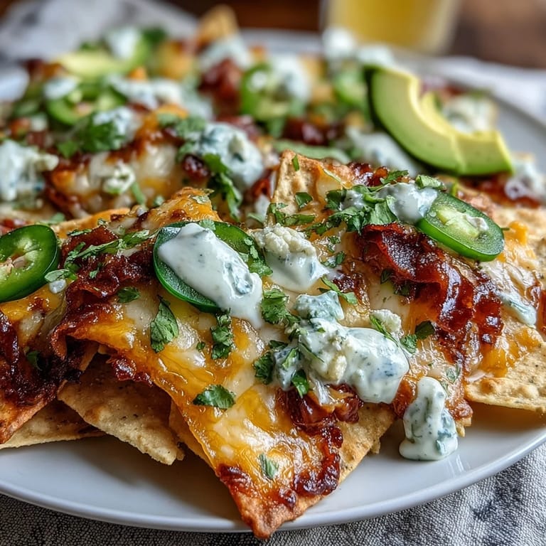 Golden tortilla chips baked to perfection and topped with smoky cheese sauce, fresh veggies, and cool sour cream for a crowd-pleasing snack.