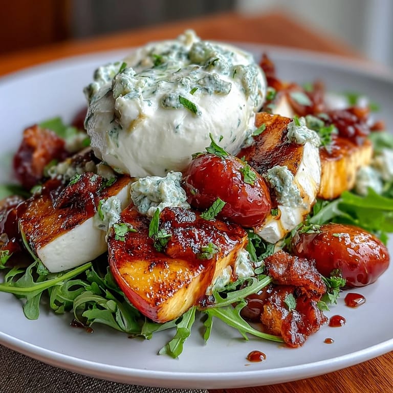 Sweet, smoky grilled peaches paired with luscious burrata, fresh basil, and arugula for a vibrant, Italian-inspired dish.  