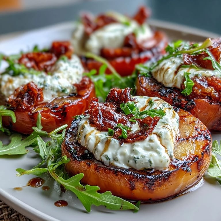 A colorful salad of juicy grilled peaches, creamy burrata, and arugula, finished with balsamic glaze and fresh basil.