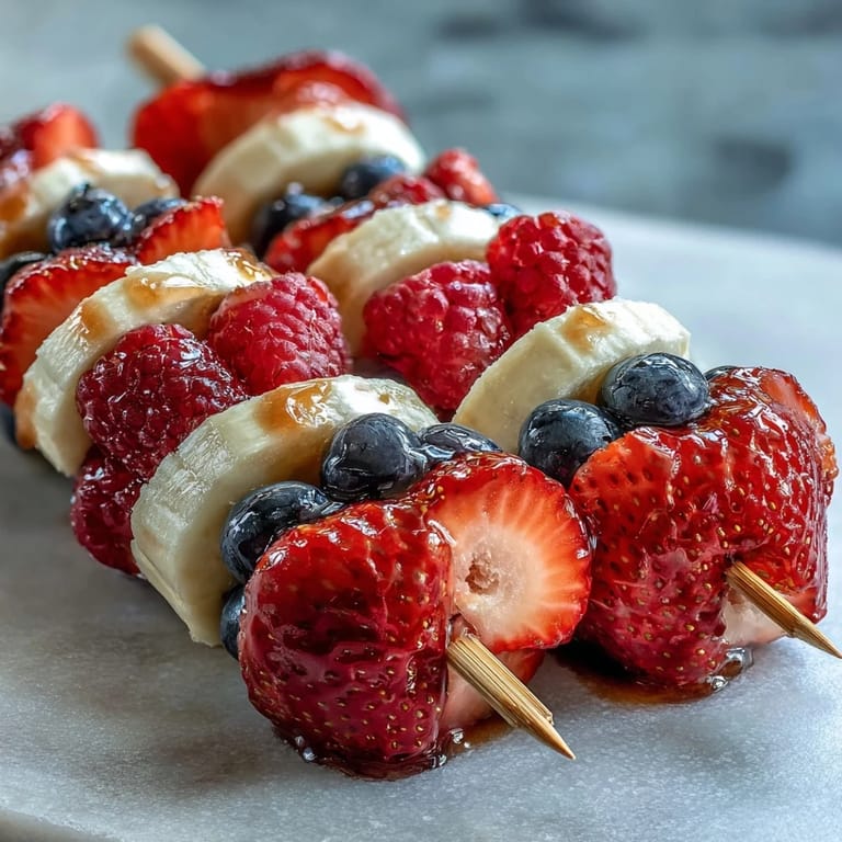 Festive red, white, and blue fruit skewers featuring juicy strawberries, sweet bananas, and fresh blueberries for summer celebrations.