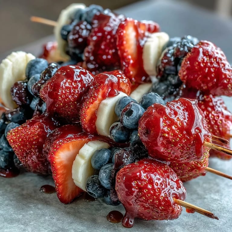 Colorful Fourth of July fruit skewers showcasing fresh strawberries, banana slices, and blueberries in a celebratory flag-inspired display.