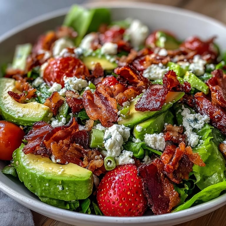 Colorful Spring Cobb Salad with strawberries, avocado, and feta cheese, arranged with fresh greens for a bright, healthy meal perfect for spring.