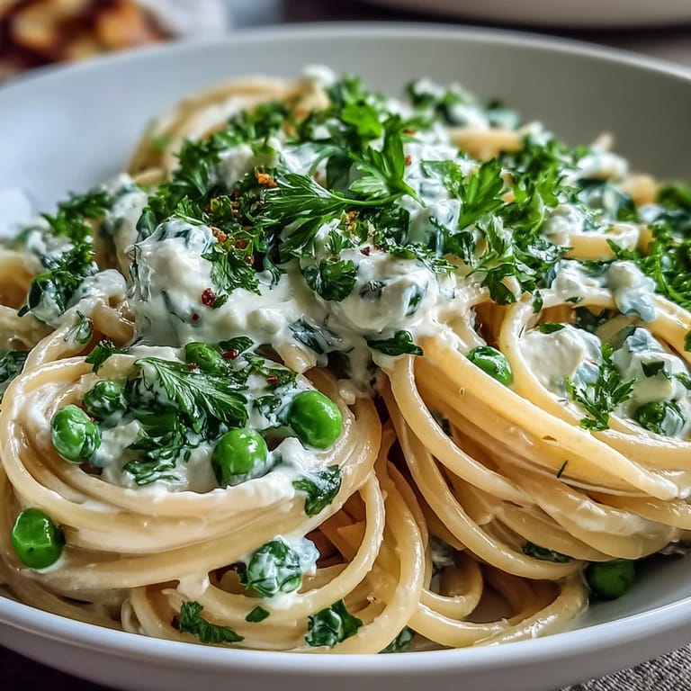 Spring Pasta: Ricotta and Lemon Linguine with Peas - a light vegetarian pasta dish featuring tender linguine coated in lemony ricotta cream, topped with fresh parsley and Parmesan.