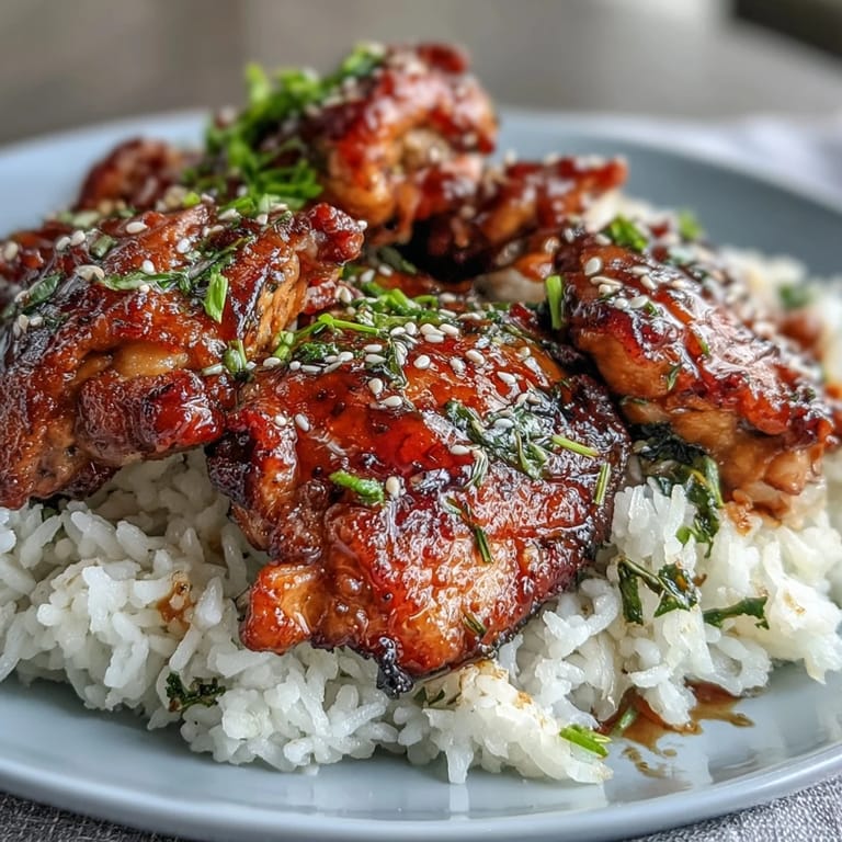 Slow-cooked honey garlic chicken with jasmine rice, garnished with green onions and sesame seeds for a flavorful dinner.
