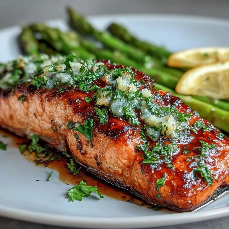 Pan-seared salmon drizzled in fragrant garlic butter sauce alongside crisp-tender asparagus spears.